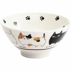 セラミック藍 猫3兄弟 飯碗 行進[R]